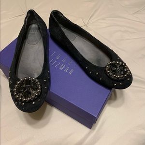 Stuart Weitzman size 8.5 black suede Bedeck beaded flats.